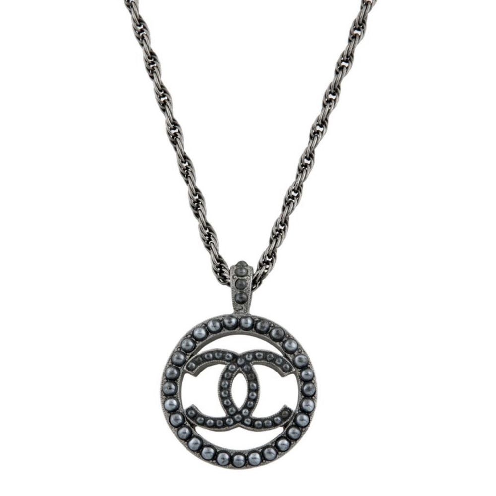 CHANEL Black and Silver Logo Necklace